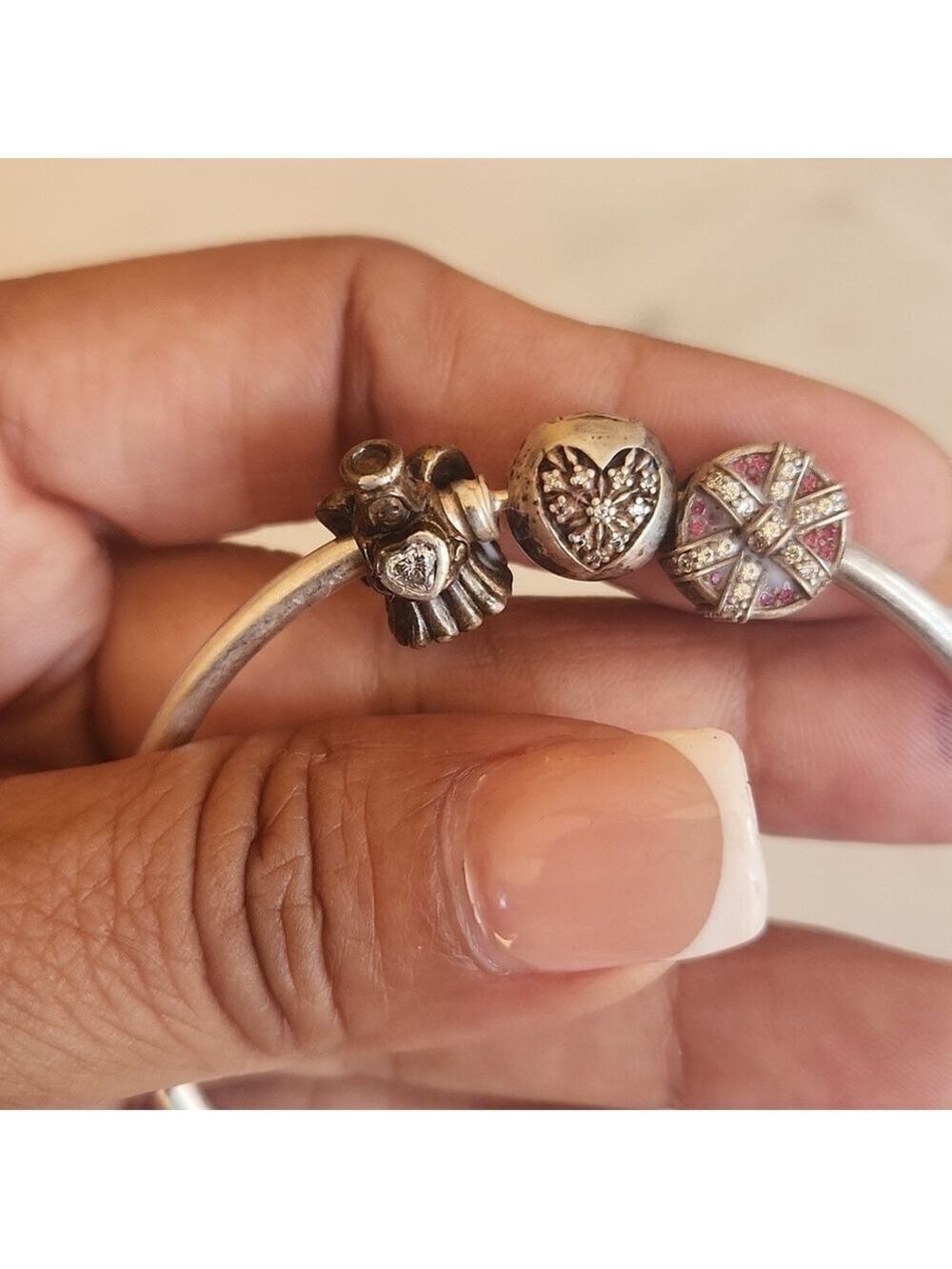 PANDORA 9.25 Silver stamped VINTAGE 7.25" Bangle Charm Bracelet 3 charms - Picture 10 of 11